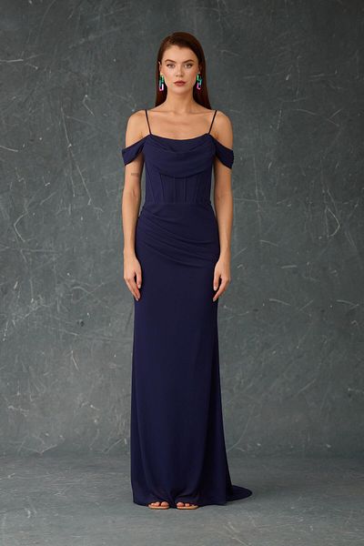 Carmen Navy Blue Strappy Long Chiffon Evening Dress