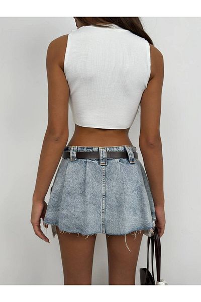 vuvutasarım Fusta mini din denim plisată pentru femei, cu centură și buzunar, sezon nou 23S02007