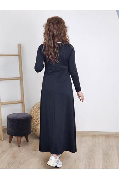 Felix Butik FELİX13217 Yaka Yırtmaç Beyaz Şeritli Siyah Uzun Elbise