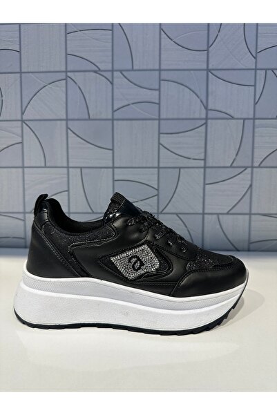Anıl Ayakkabı ALV 845 Kadın Siyah Beyaz Simli Detay Taşlı Bağcıklı Dolgu Yüksek Tabanlı Sneaker Spor Ayakkabı