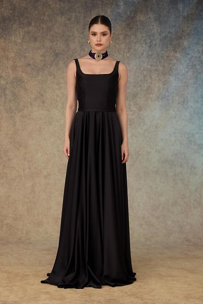 Carmen Black Square Neck Satin Evening Dress