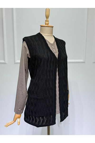 ModaMinar Knitwear Openwork Pockets And Buckle Oversized Mother Vest