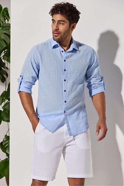 White By Nature Blue Slub Long Sleeve Men's Shirt