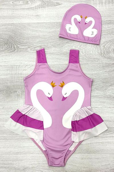 My Kids Wear Elegant Swan Print Three Layers Ruffle Detailed Boned Girls' Swimsuit