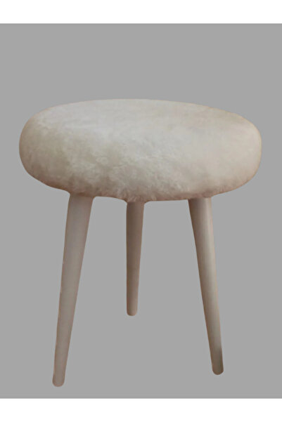 Palo Santo Gürgen Ahşap Retro Ayak Dekoratif Beyaz Pelüş Puf Tabure Bench Kol...