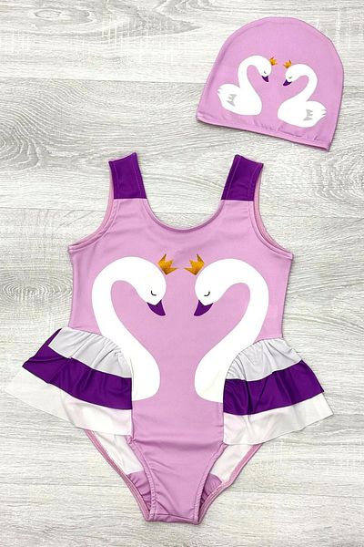 My Kids Wear Elegant Swan Print Three Layers Ruffle Detailed Boned Girls' Swimsuit