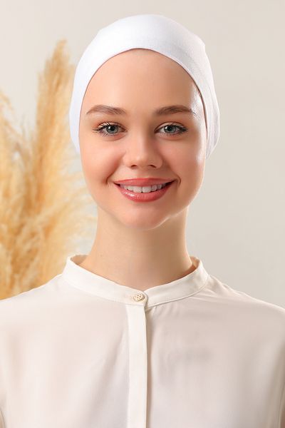 Melodi Scarf White Hijab Stitched Women's Set - 10 Tied Combed Cotton Bonnet