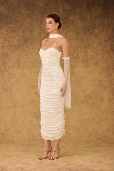 Carmen Ekru Büzgülü Askılı Venezia Nikah Elbisesi