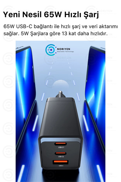 Noriyen Yeni Nesil 65W Ultra Hızlı Şarj Seti Adaptör + Type C Kablosu iPhone Samsung Realme Vb. Tam Uyumlu