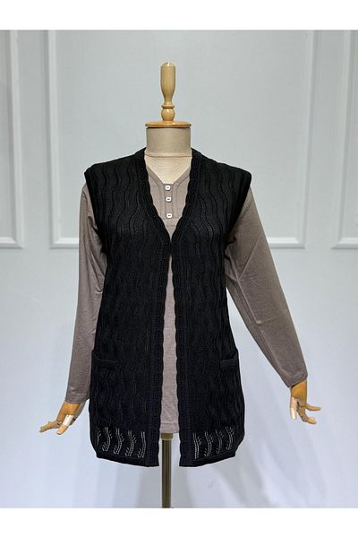 ModaMinar Knitwear Openwork Pockets And Buckle Oversized Mother Vest