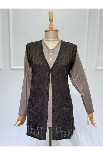 ModaMinar Knitwear Openwork Pockets And Buckle Oversized Mother Vest