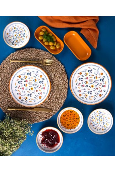 Pinkev 12-Piece Orange Floral Pattern Ceramic Breakfast Set Set for 6
