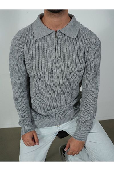 elkumoda Natural Cotton Polo Neck Zip-Up Oversize Knitwear Sweater - Stylish and Comfortable Healthy Design