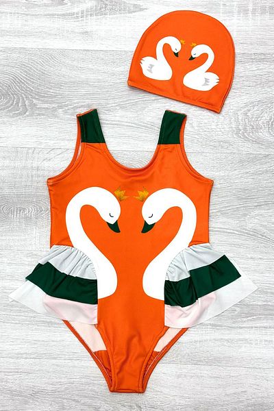 My Kids Wear Elegant Swan Print Three Layers Ruffle Detailed Boned Girls' Swimsuit