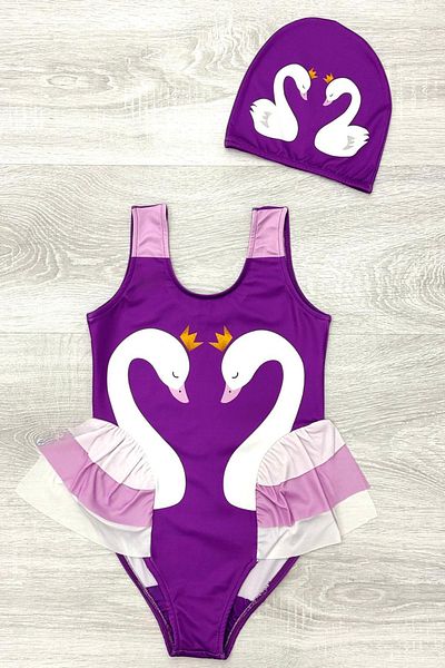 My Kids Wear Elegant Swan Print Three Layers Ruffle Detailed Boned Girls' Swimsuit