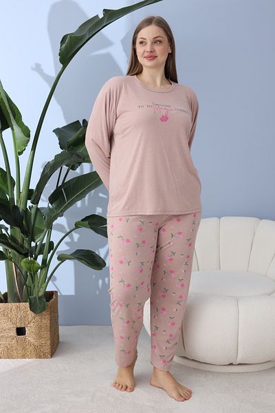 CALİA Women's Battal Milan Fabric Pajamas Set Plus Size Long Sleeve