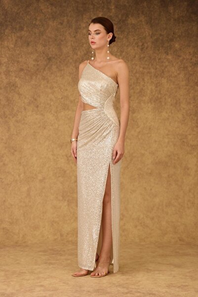 Carmen Ekru Tek Kol Yırtmaçlı Payetli Abiye Elbise