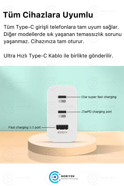 Noriyen Yeni Nesil 65W Ultra Hızlı Şarj Seti Adaptör + Type C Kablosu iPhone Samsung Realme Vb. Tam Uyumlu