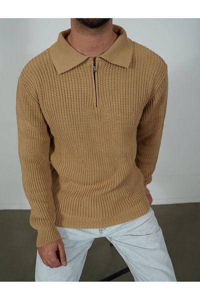 elkumoda Natural Cotton Polo Neck Zip-Up Oversize Knitwear Sweater - Stylish and Comfortable Healthy Design