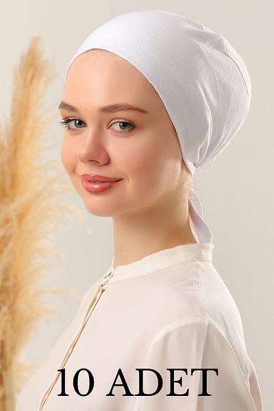 Melodi Scarf White Hijab Stitched Women's Set - 10 Tied Combed Cotton Bonnet
