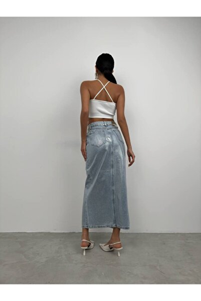 vuvutasarım Жіноча джинсова спідниця максі з розрізом, прикрашена тисненням і кишенями 23W02028