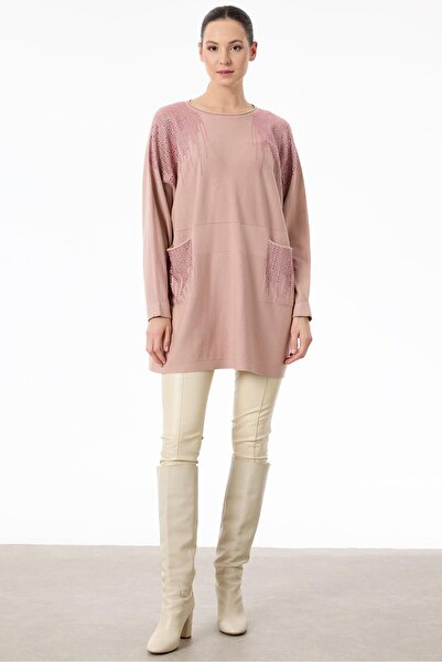 Tığ Triko Omuzları ve Cepleri Taşlı Sosis Yakalı triko Tunik PEMBE