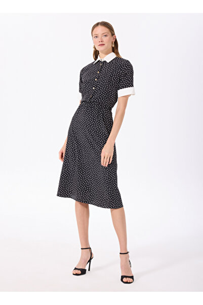 Fabrika Gömlek Yaka Puantiyeli Siyah - Beyaz Uzun Kadın Elbise F5SL-ELB0147