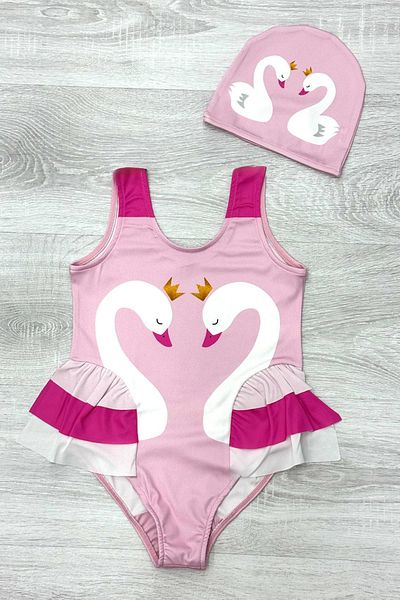 My Kids Wear Elegant Swan Print Three Layers Ruffle Detailed Boned Girls' Swimsuit