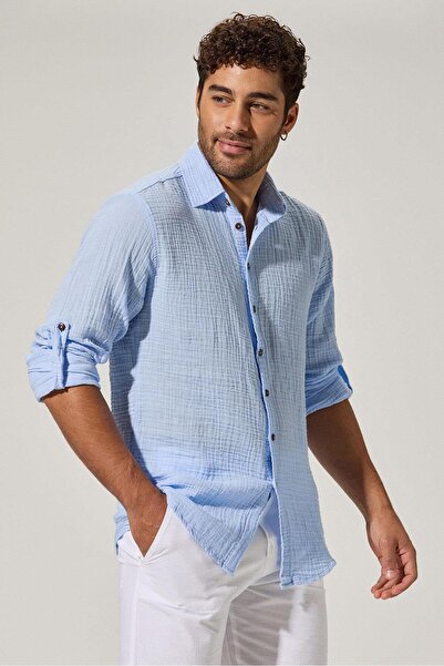 White By Nature Blue Double Face Long Sleeve Men's Shirt