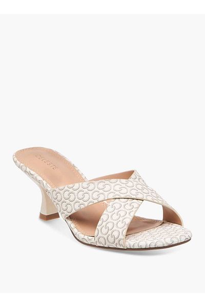Celeste Women's Monogram Print Slip-On Sandals with Flared Heels