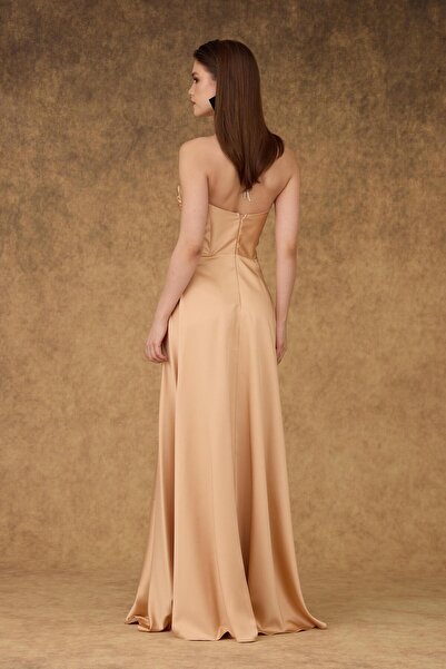Carmen Bej Saten Straplez Uzun Abiye Elbise ve Davet Elbisesi