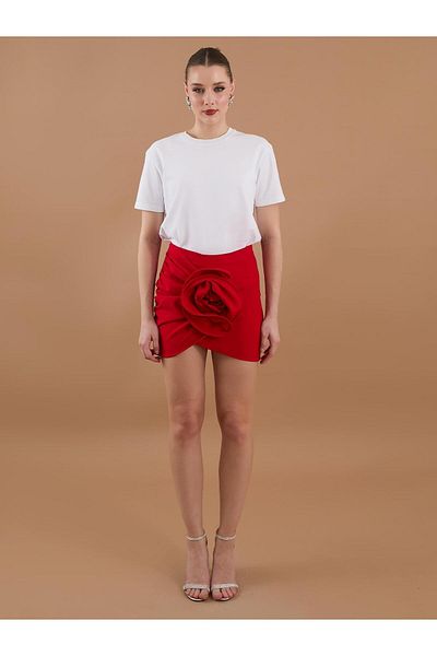 Juste Red Mini Skirt - Floral Detail