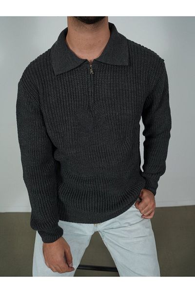 elkumoda Natural Cotton Polo Neck Zip-Up Oversize Knitwear Sweater - Stylish and Comfortable Healthy Design