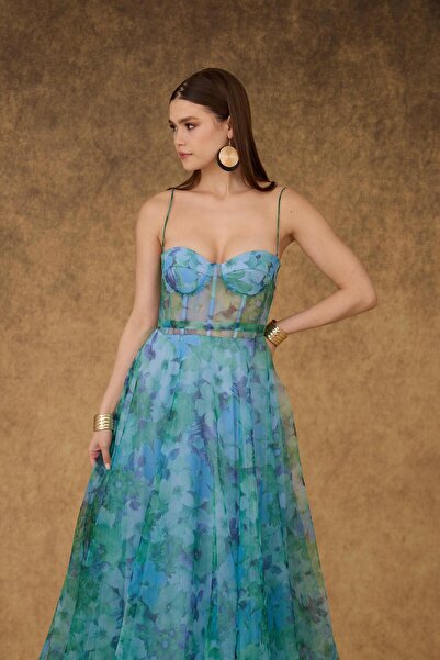 Carmen Yeşil Empirme Straplez Uzun Abiye Elbise