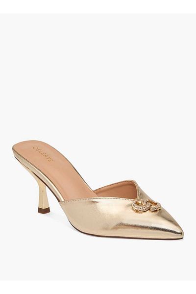 Celeste Women's Logo Embellished Slip-On Pointed Toe Shoes with Stiletto Heels