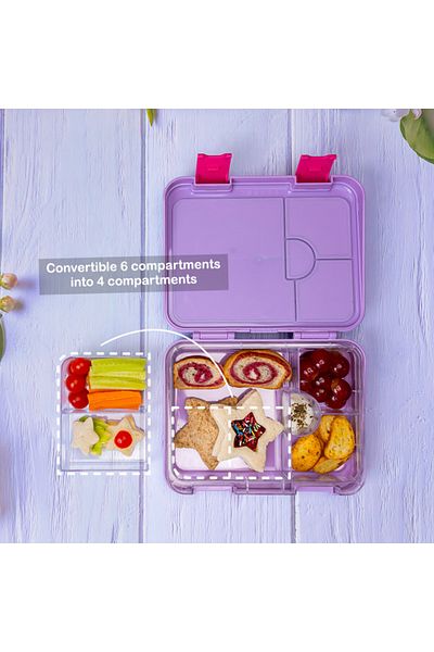 Eazy Kids مجموعة صندوق غداء بينتو قابل للتحويل بسعة 6 و4 قطع مع قاطعة ساندويتش - أرجوانية حورية البحر