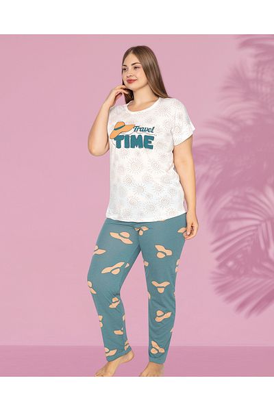 Prestij İç Giyim Women's Plus Size Cotton Short Sleeve Crew Neck Lettering Detail Pajama Set