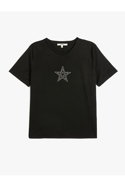 Koton Viscose Fabric Blended Short Sleeve Crew Neck Stone Detailed Women's T-Shirt