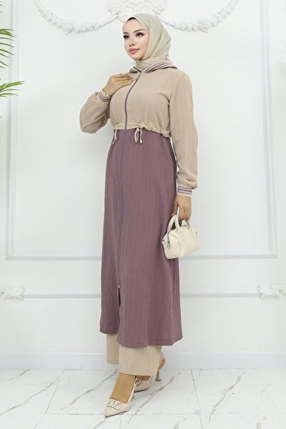 Modamihram Рожевий костюм з сухого рельєфу - шнурівка на талії 19237