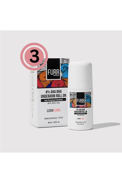 Furr 4% AHA BHA Underarm Roll On with Kojic Acid, Lush Flora Fragrance - 40ml (Pack of 3)