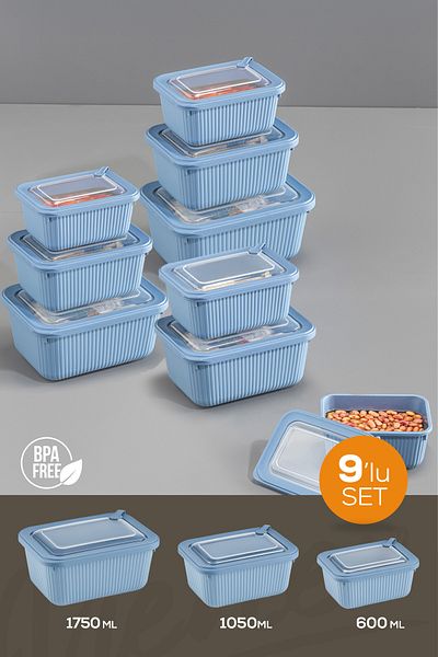 Vienev Blue 3X (1750,1050,600ml) Vip Rectangular Microwave and Difuzed Suitable Storage Container Set