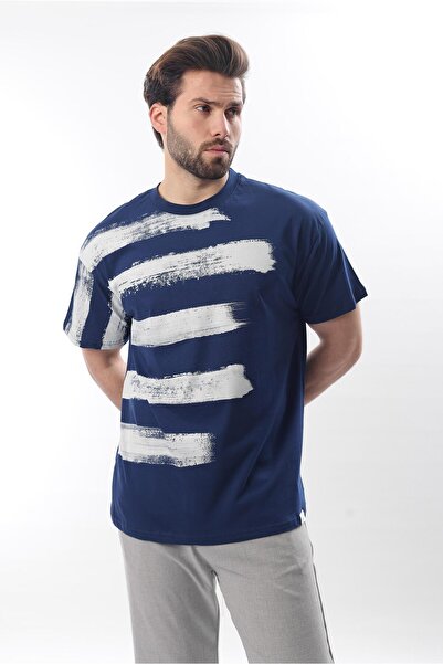 Madmext Ανδρικό μπλουζάκι με στάμπα Navy Blue Regular Fit E7107