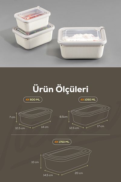 Vienev Set of 12 Vip Rectangular Microwave and Diffracted Suitable Storage Containers Beige 4X(1750,1050,600 ml)