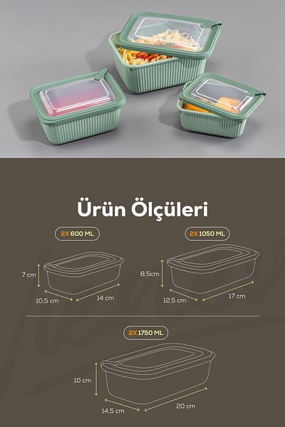 Vienev Set of 6 Vip Rectangular Microwave and Diffracted Suitable Storage Containers Green 2X(1750,1050,600 ml)