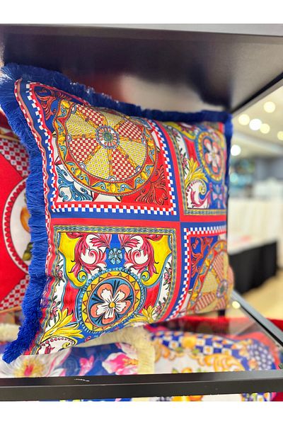 Merve Kaymakcı Dolce Vita Mixed Pattern Throw Pillow Cover-Sax Tassel
