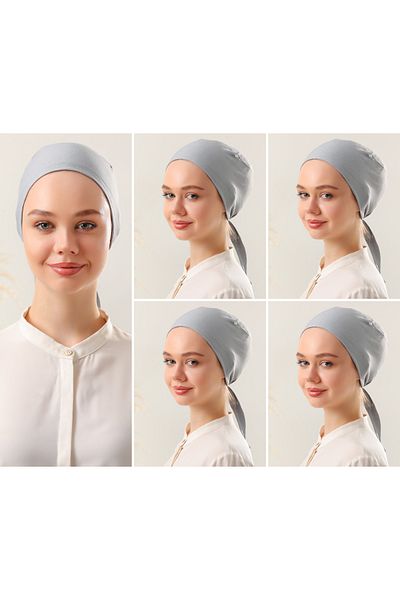 Melodi Scarf Γυναικείο χτενισμένο βαμβακερό σετ 5 τεμαχίων καπό ανοιχτό γκρι ραμμένο Hijab