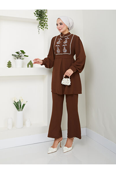 EFSUN MODA Тестерски костюм Ayrobin 637, цвят кафе, бродиран