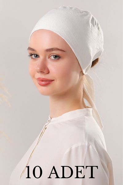 Melodi Scarf Ecru Hijab Γυναικείο Σετ Καπό - 10 Χτενιστή Βαμβακερή Δέση