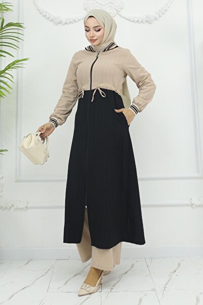 Modamihram Чорний ребристий костюм з поясом на шнурівці - 19237