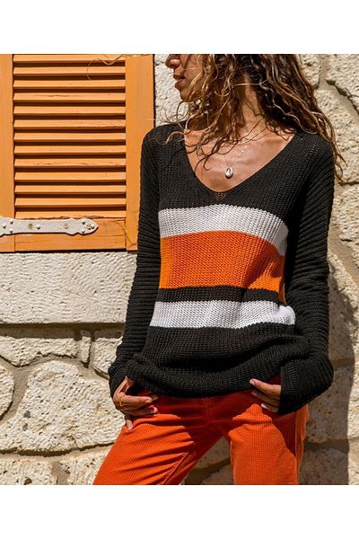 TRQOM Pulover de damă negru cu decolteu în V color block